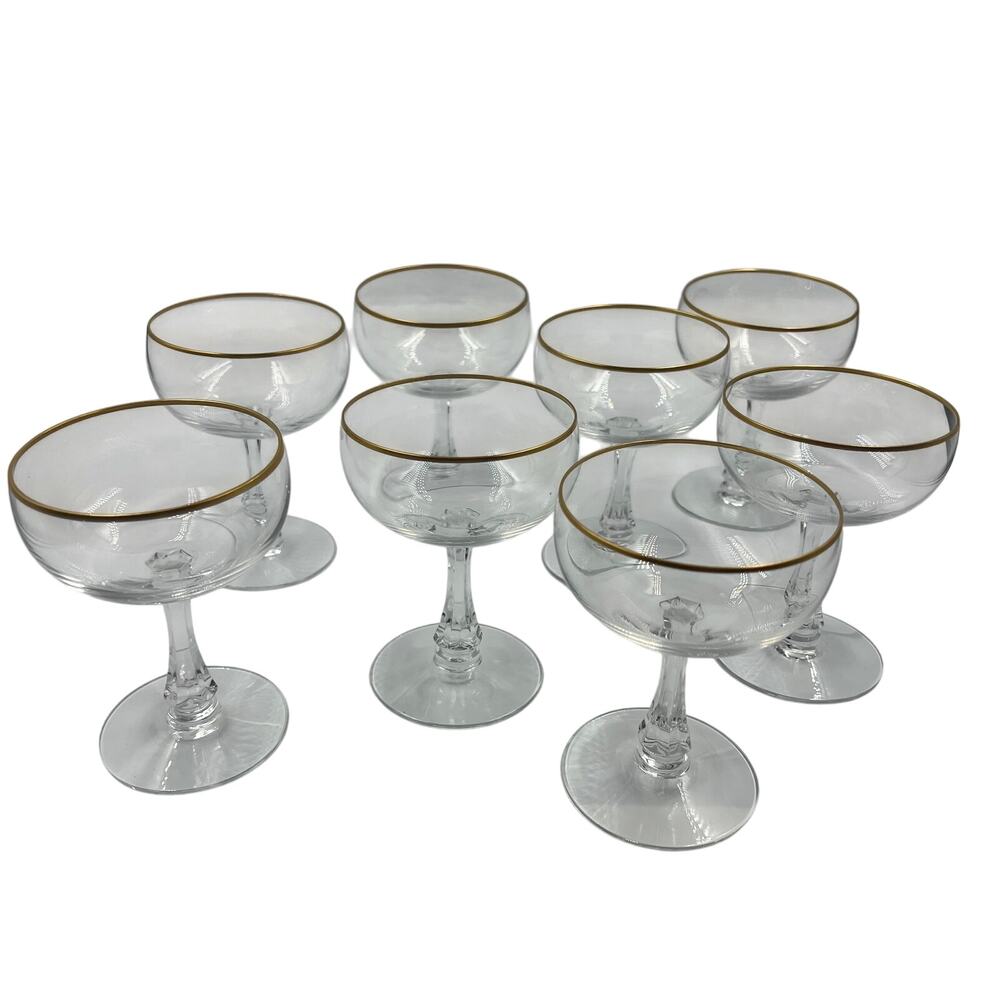 Vintage 8 Fostoria Crystal Classic Gold Tone Rim Champagne Sherbet‎ Glasses MCM